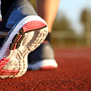 Close-up of athletic running shoe on a red track, emphasizing coaching and running performance.