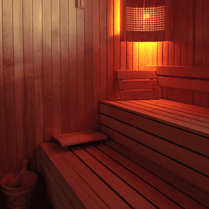 Warm wooden sauna with soft lighting, designed for post-run relaxation and muscle recovery.